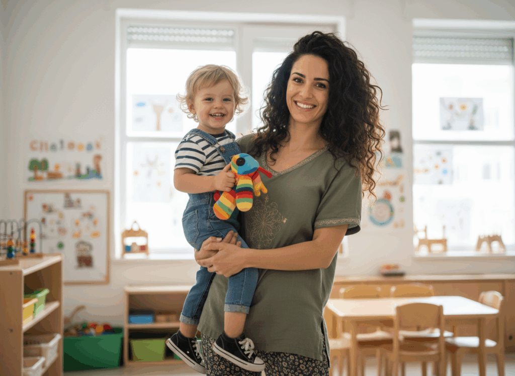 Foto Griechische Erzieherin mit schoenen schwarzen Locken hat ein Kita-Kind auf dem 431043