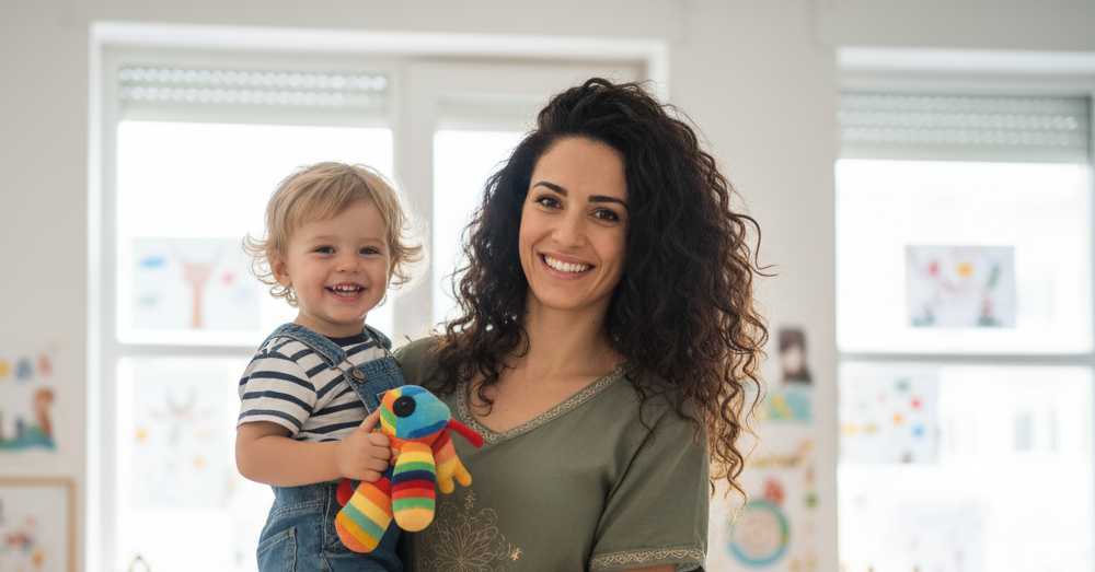 Foto Griechische Erzieherin mit schoenen schwarzen Locken hat ein Kita-Kind auf dem 431043